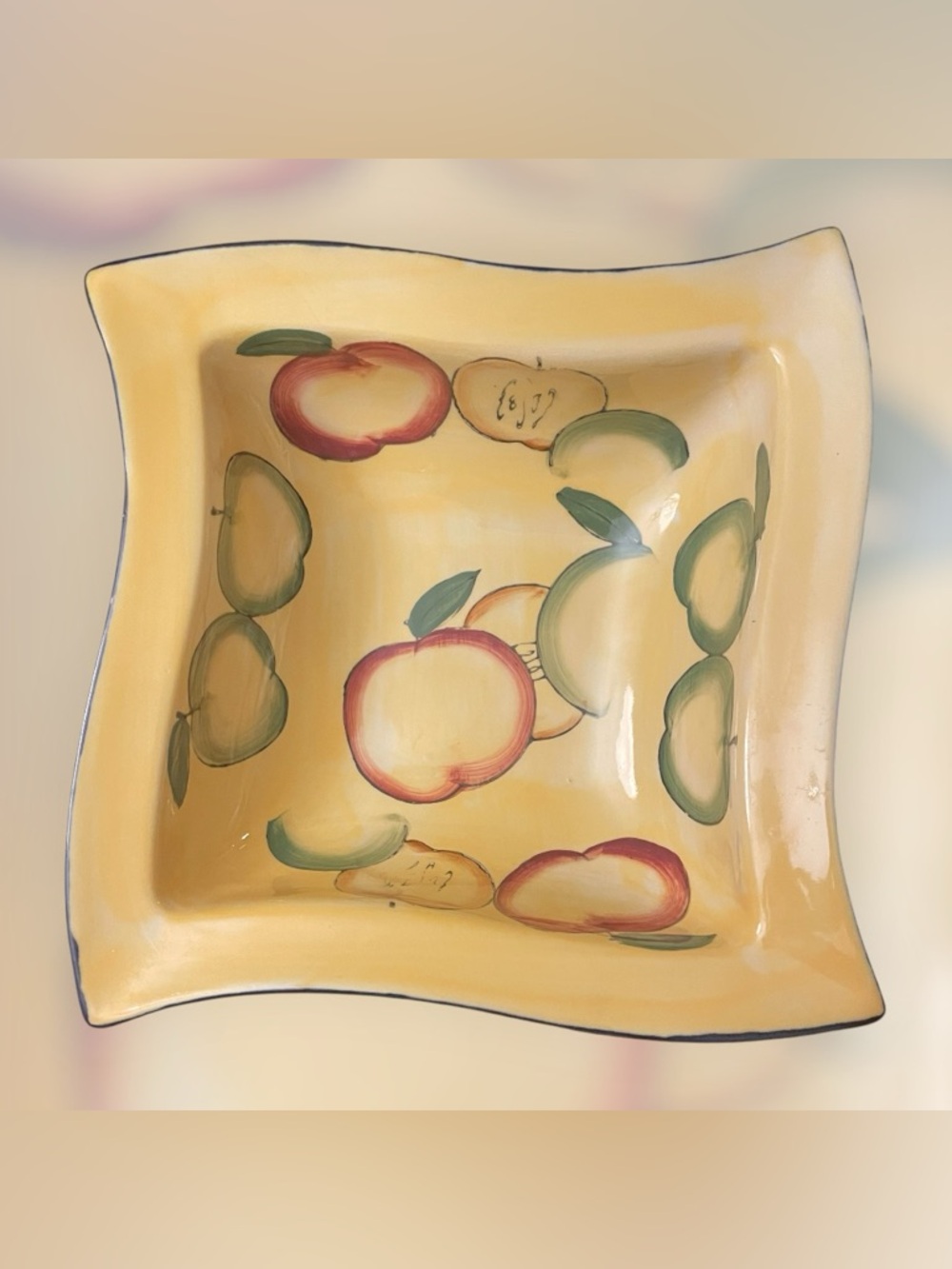 Vtg WCL Apple Bowl Hand Painted 9" Square 3" Deep Red Green Apples Blue Trim